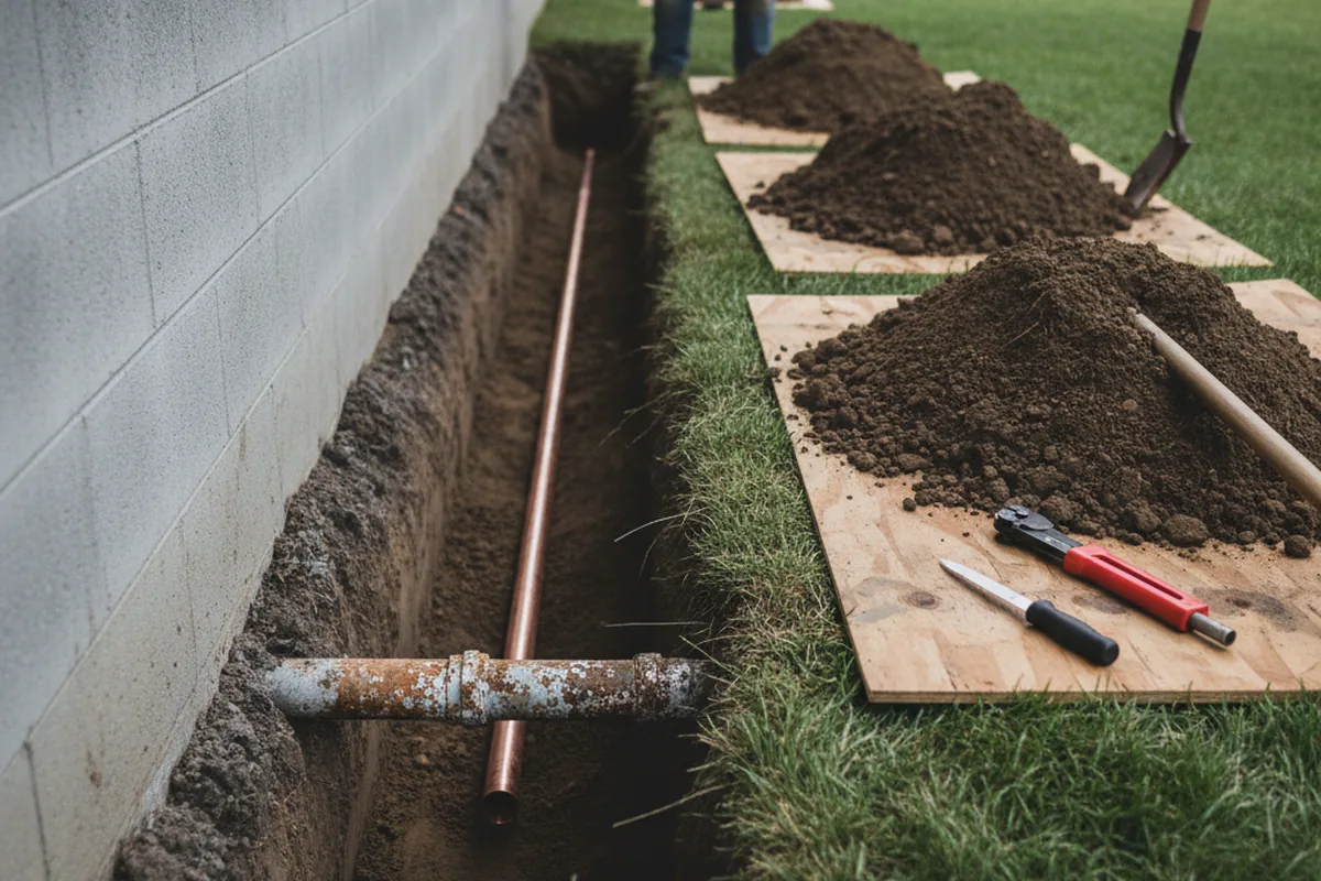 Excavated water line trench during Water Softener Installation in Parker